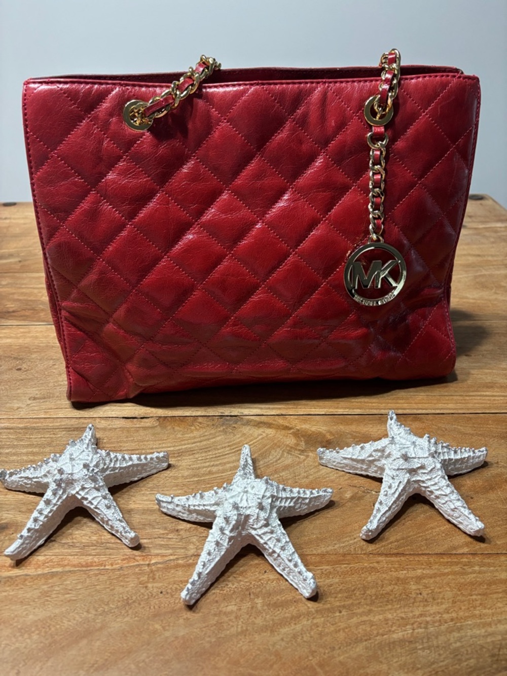 Michael Kors Susannah Quilted Red Shoulder Bag with Gold Chain and MK Pendant